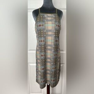 Prana Geometric Maxi Dress in Blue Gray Yellow vertical southwestern design